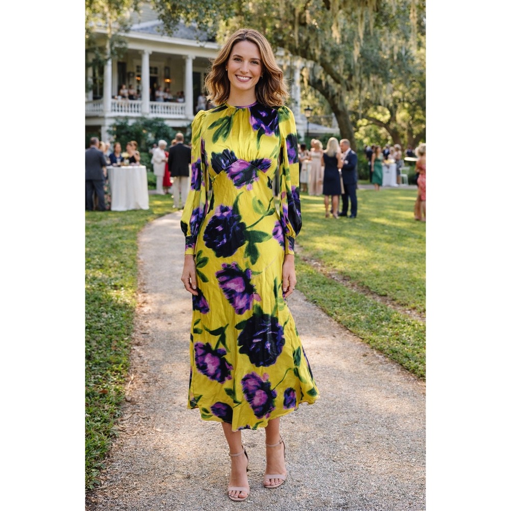 Topshop Yellow Floral Satin Maxi Dress Long Sleeve Button Back US 4 Y1
